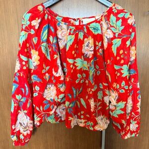 Maeve Anthropologie Red Floral Peasant XS Long Sleeve Boho Top Country Cotton